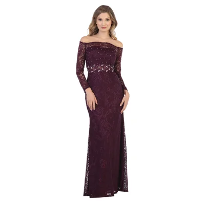 Plum Lace Off-the-Shoulder Embellished Evening Gown