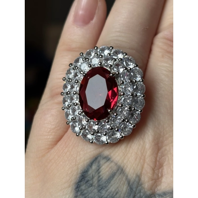 Sterling Silver Clear & Red Zircon Ring