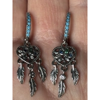 Sterling Silver Heart DreamCatcher Zircon Dangle Earrings