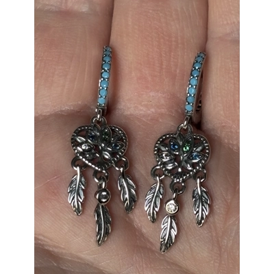 Sterling Silver Heart DreamCatcher Zircon Dangle Earrings