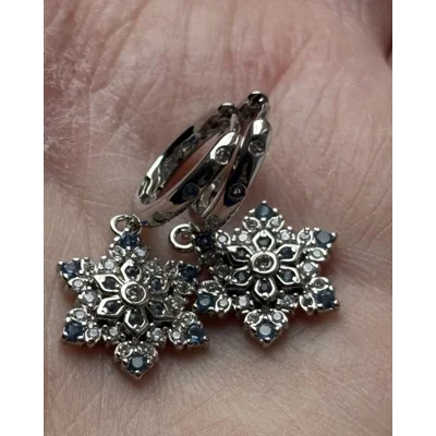 Sterling Silver Blue & Clear Zircon Snowflake Dangle Earri..