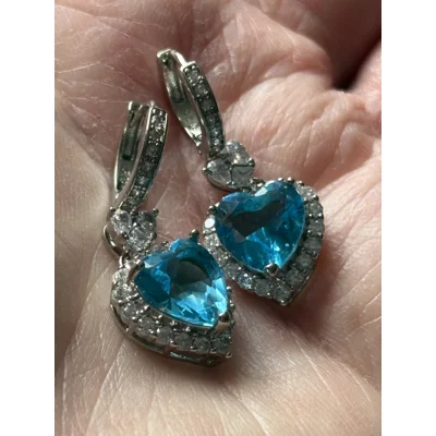 Sterling Silver Light Blue Zircon Crystal Dangle Heart Ear..