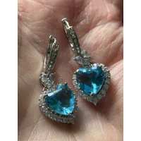 Sterling Silver Light Blue Zircon Crystal Dangle Heart Earrings