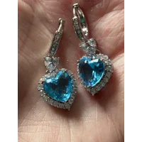 Sterling Silver Light Blue Zircon Crystal Dangle Heart Earrings