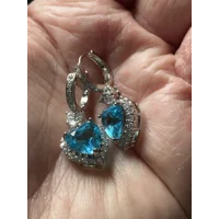 Sterling Silver Light Blue Zircon Crystal Dangle Heart Earrings