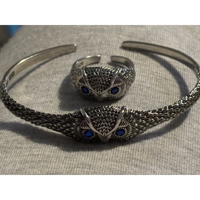 Sterling Silver Blue Eyed Owl Adjustable Bangle & Matching..