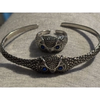 Sterling Silver Blue Eyed Owl Adjustable Bangle & Matching Sterling Silver Owl Adjustable Ring