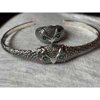 Sterling Silver Green Eyed Owl Adjustable Bangle & Matching Sterling Silver Owl Adjustable Ring