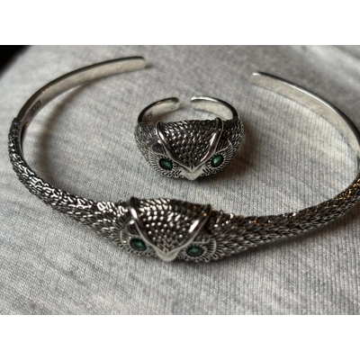 Sterling Silver Green Eyed Owl Adjustable Bangle & Matching Sterling Silver Owl Adjustable Ring