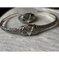 Sterling Silver Green Eyed Owl Adjustable Bangle & Matching Sterling Silver Owl Adjustable Ring