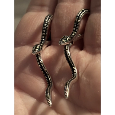 Sterling Silver Black Zircon Snake Dangle Earrings