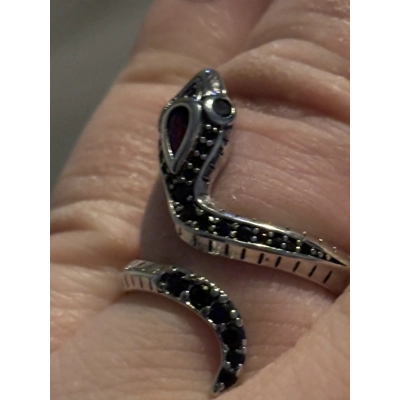 Sterling Silver Red & Black Zircon Snake Adjustable Ring