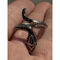 Sterling Silver Red & Black Zircon Snake Adjustable Ring
