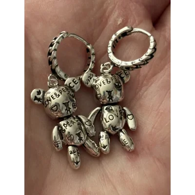 Sterling Silver Love & Peace Dangle Teddy Earrings