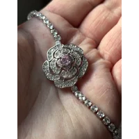 Silver Plated Pink & Clear Zircon Flower 19cm Bracelet