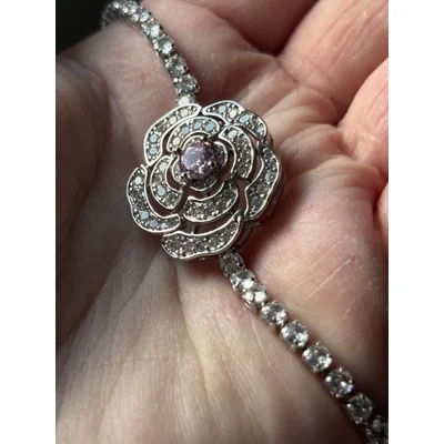 Silver Plated Pink & Clear Zircon Flower 19cm Bracelet