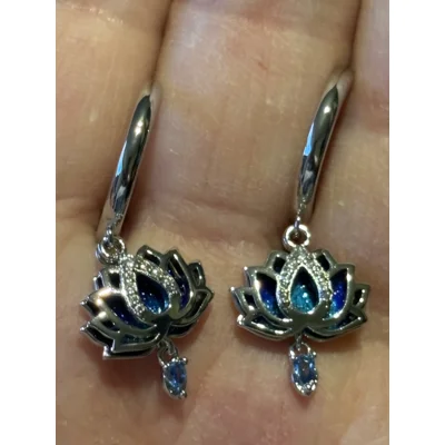 Sterling Silver Blue Enamel & Clear Zircon Lotus