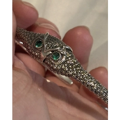 Sterling Silver Green Eyed Zircon Owl Bangle Bracelet