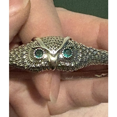 Sterling Silver Green Eyed Zircon Owl Bangle Bracelet