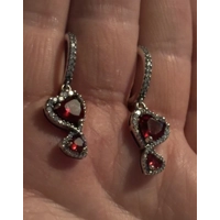 Sterling Silver Double Deep Red Heart Dangle Earrings