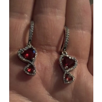 Sterling Silver Double Deep Red Heart Dangle Earrings