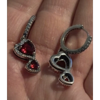 Sterling Silver Double Deep Red Heart Dangle Earrings