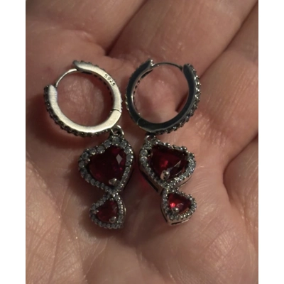 Sterling Silver Double Deep Red Heart Dangle Earrings