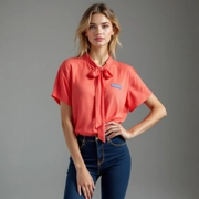 Coral Tie Neck Short Sleeve Blouse