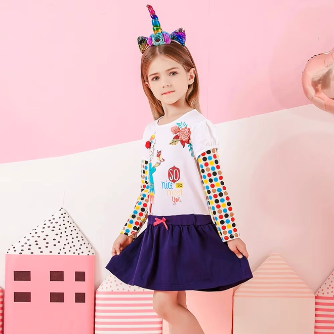 Additional Image for Girls' Long Sleeve Cartoon Floral Cotton Blend Casual Dres