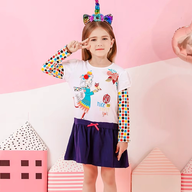 Additional Image for Girls' Long Sleeve Cartoon Floral Cotton Blend Casual Dres