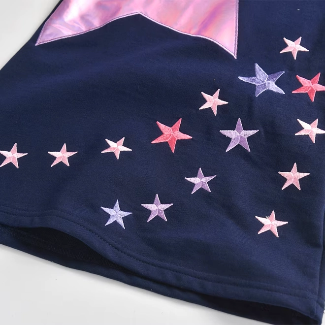 Additional Image for Girls Navy Blue Pink Star Hooded Dress Long Sleeve Cotton Blend Casual