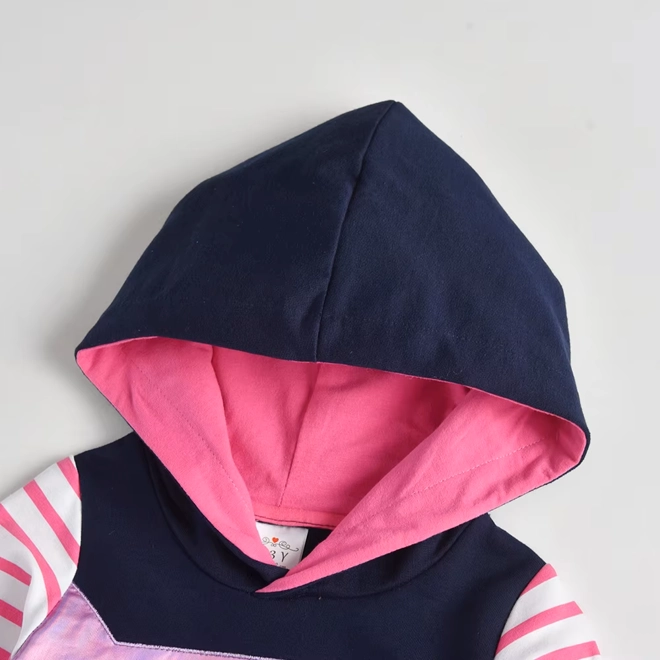 Additional Image for Girls Navy Blue Pink Star Hooded Dress Long Sleeve Cotton Blend Casual