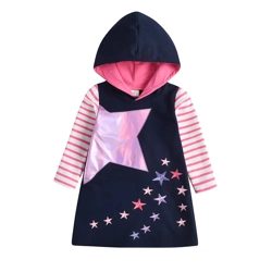 Girls Navy Blue Pink Star Hooded Dress Long Sleeve Cotton Blend Casual