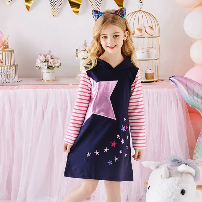 Additional Image for Girls Navy Blue Pink Star Hooded Dress Long Sleeve Cotton Blend Casual