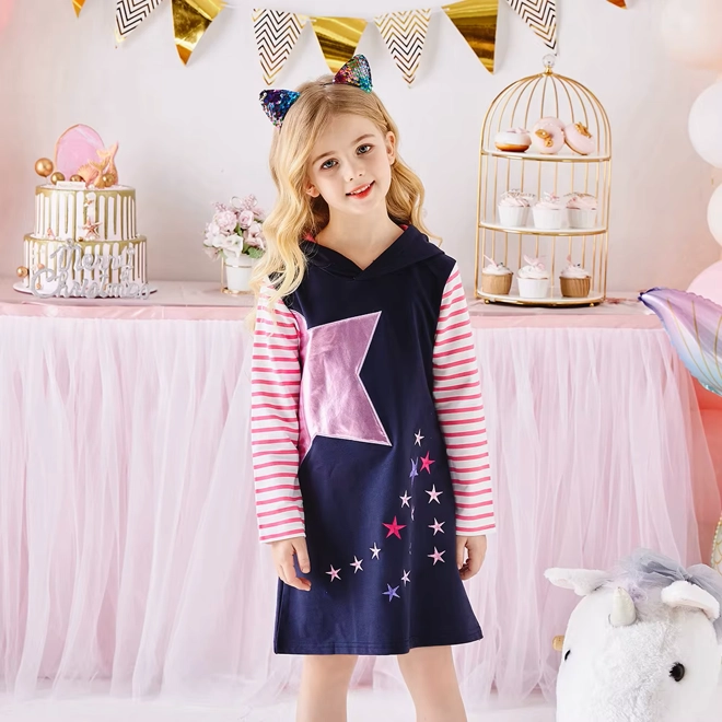 Additional Image for Girls Navy Blue Pink Star Hooded Dress Long Sleeve Cotton Blend Casual