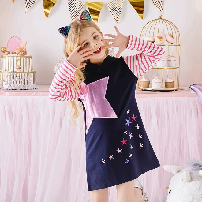 Additional Image for Girls Navy Blue Pink Star Hooded Dress Long Sleeve Cotton Blend Casual