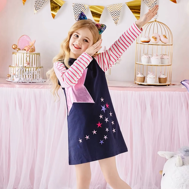 Additional Image for Girls Navy Blue Pink Star Hooded Dress Long Sleeve Cotton Blend Casual