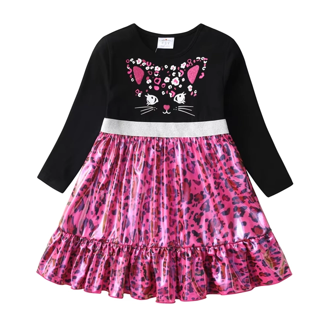 product Image for Girls Pink Black Cat Dress Long Sleeve Sparkly Leopard Print Outfit