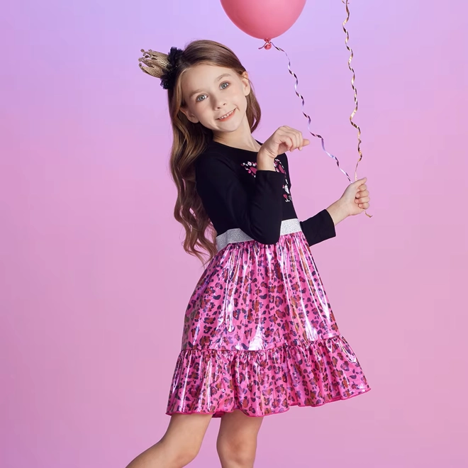 Additional Image for Girls Pink Black Cat Dress Long Sleeve Sparkly Leopard Print Outfit