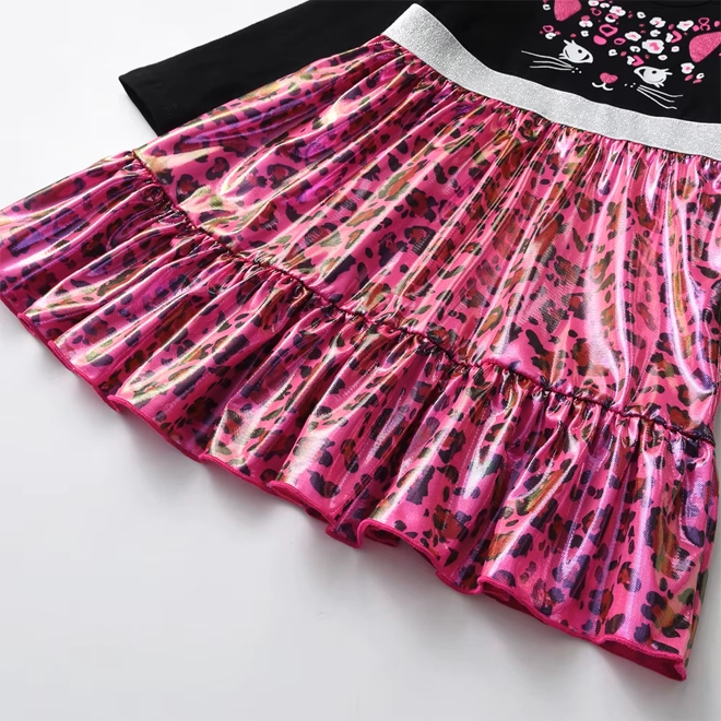 Additional Image for Girls Pink Black Cat Dress Long Sleeve Sparkly Leopard Print Outfit