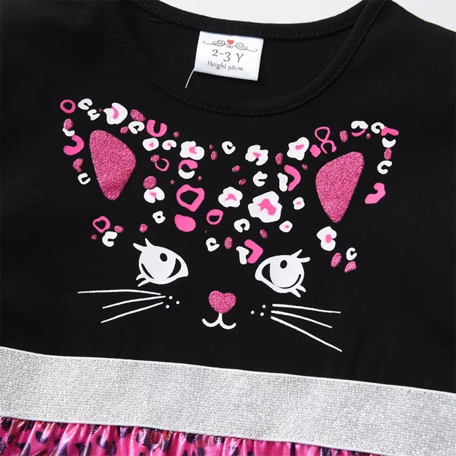 Additional Image for Girls Pink Black Cat Dress Long Sleeve Sparkly Leopard Print Outfit