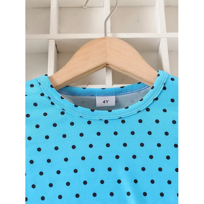 Additional Image for Blue Polka Dot Cat Print Girls' Long Sleeve A-Line Dress