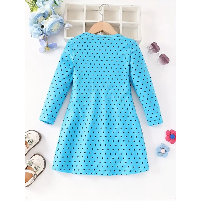 Additional Image for Blue Polka Dot Cat Print Girls' Long Sleeve A-Line Dress