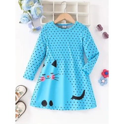 Blue Polka Dot Cat Print Girls' Long Sleeve A-Line Dress