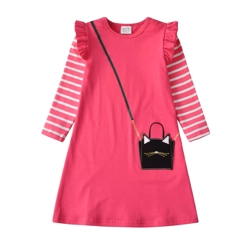Girls Pink & White Stripe Long Sleeve T-Shirt Dress Cat Purse Pocket