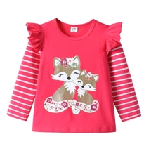 Girls Pink Fox Ruffle Long Sleeve T-Shirt Top Cotton Striped Glitter