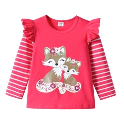 Girls Pink Fox Ruffle Long Sleeve T-Shirt Top Cotton Striped Glitter