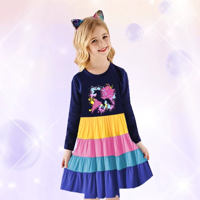 Additional Image for Girls Rainbow Unicorn Dress Long Sleeve Tiered Ruffle Tulle Skirt Party Outfit