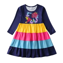 Girls Rainbow Unicorn Dress Long Sleeve Tiered Ruffle Tulle Skirt Party Outfit