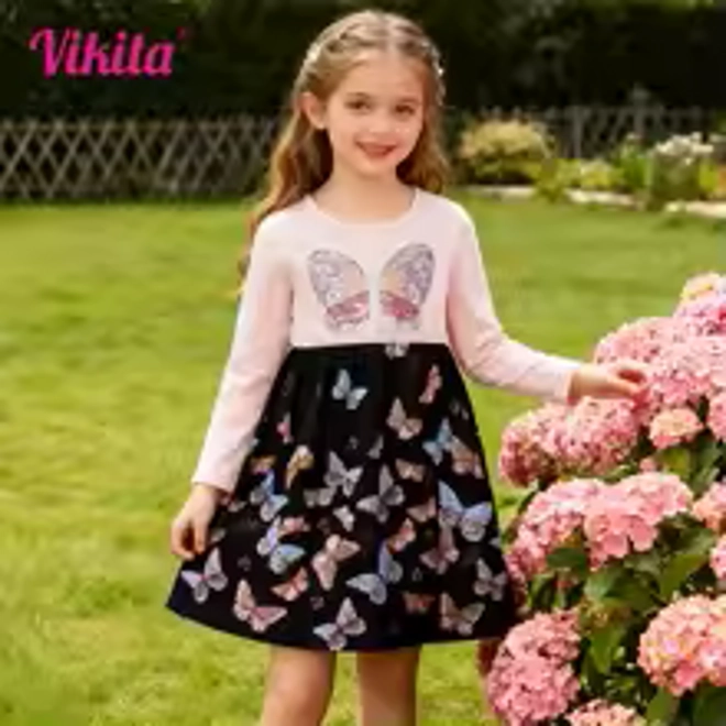 Additional Image for Girls Long Sleeve Autumn Spring Dress Kids Butterfly